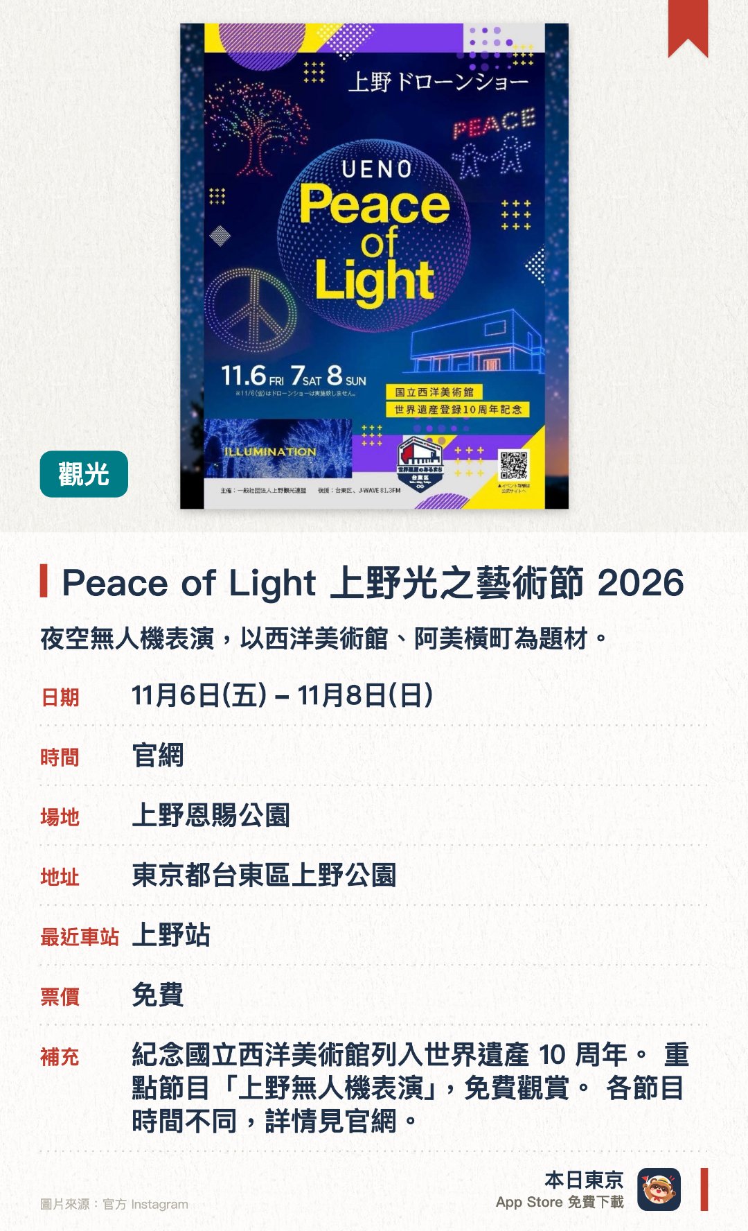 Peace of Light 上野光之藝術節 2026。11月6日–11月8日 · 上野恩賜公園。夜空無人機表演，以西洋美術館、阿美橫町為題材。