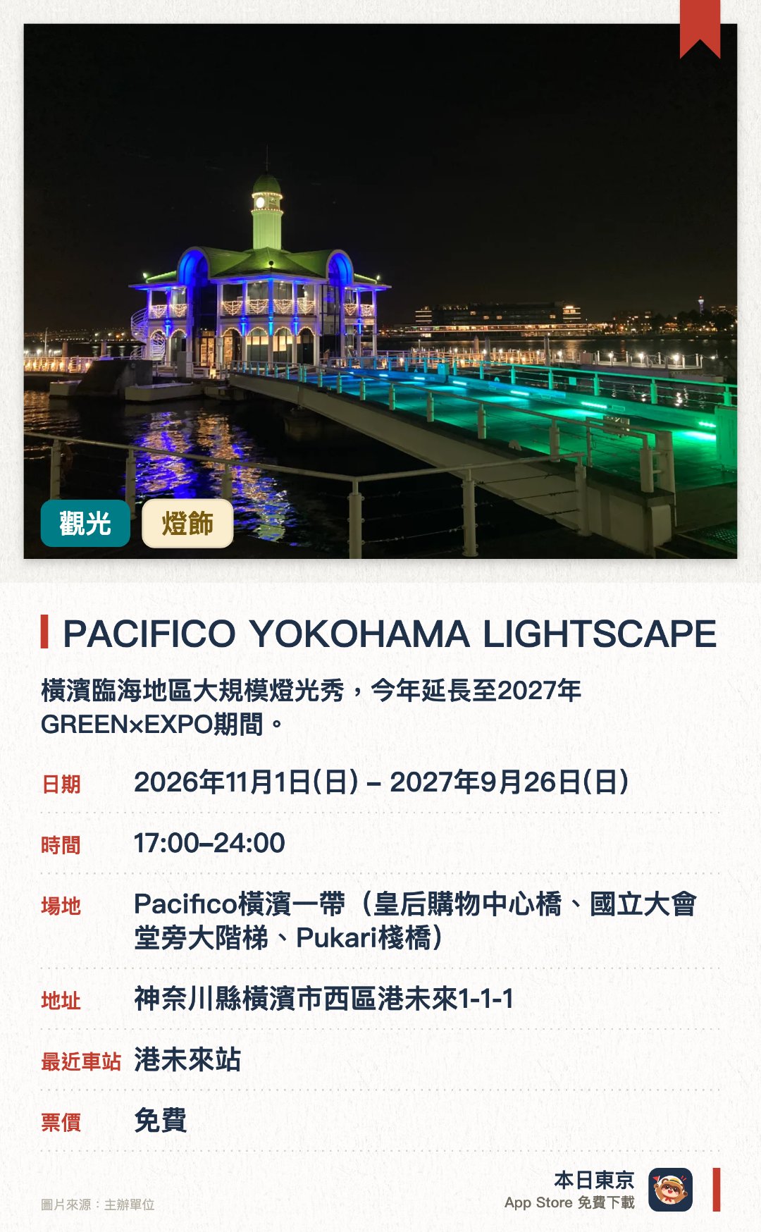 PACIFICO YOKOHAMA LIGHTSCAPE。2026年11月1日–2027年9月26日 · Pacifico橫濱一帶（皇后購物中心橋、國立大會堂旁大階梯、Pukari棧橋）。橫濱臨海地區大規模燈光秀，今年延長至2027年GREEN×EXPO期間。連接車站至碼頭的沿途設施被璀璨燈飾點綴