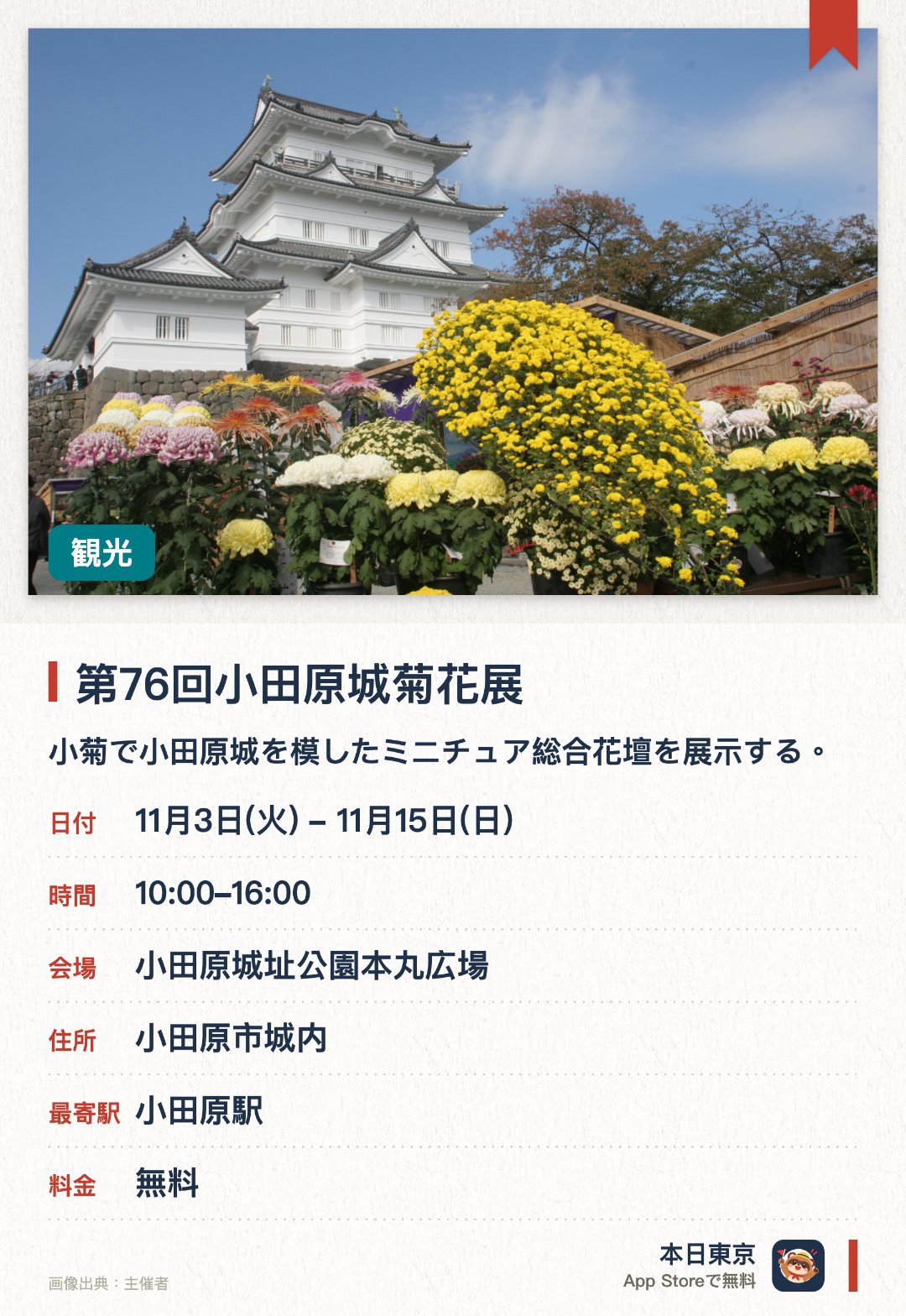 第76回小田原城菊花展。11月3日–11月15日 · 小田原城址公園本丸広場。小菊で小田原城を模したミニチュア総合花壇を展示する。丹精込めて育てられた大菊や盆栽、スプレー菊が並ぶ