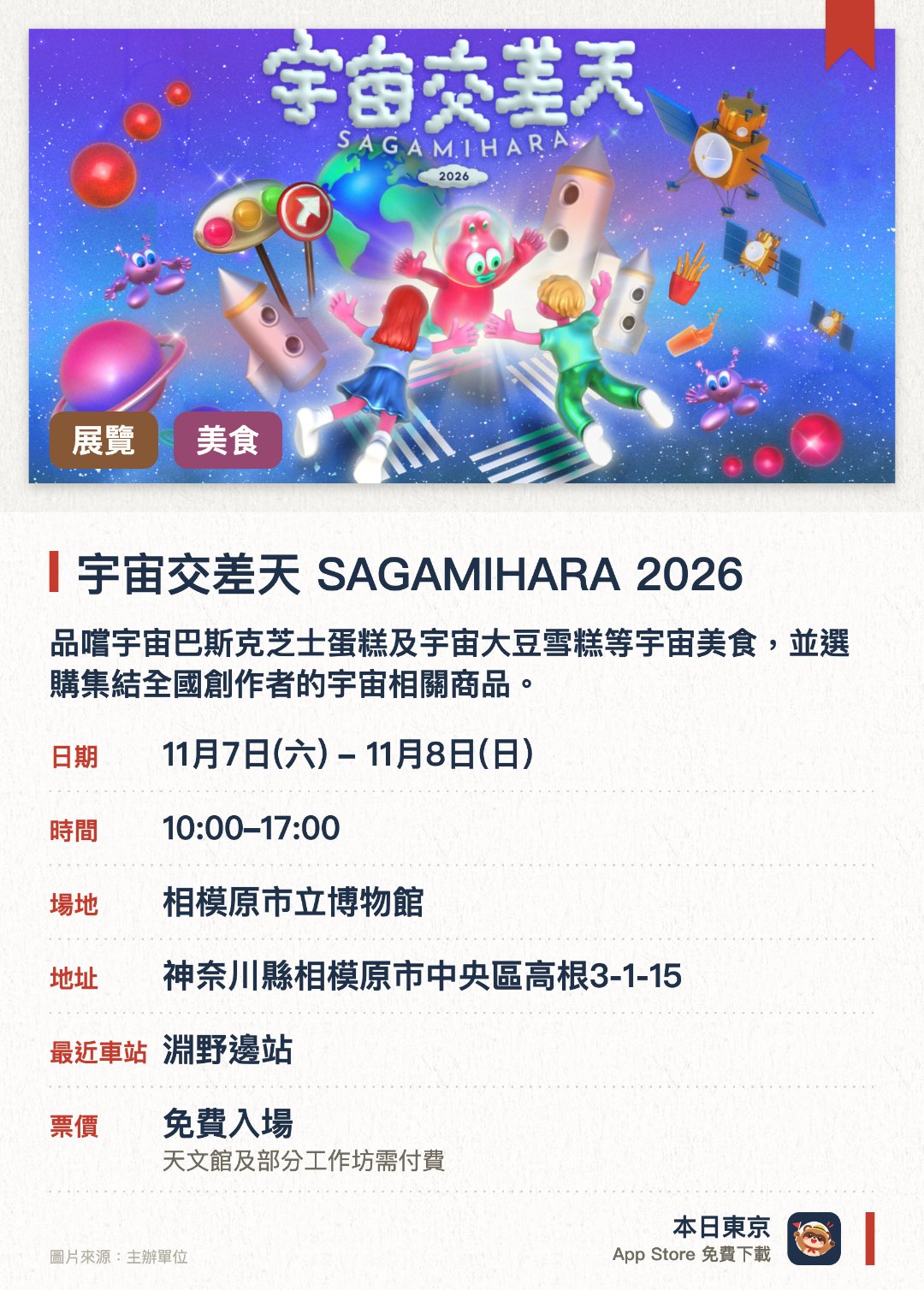 宇宙交差天 SAGAMIHARA 2026。指定日子 · 下一場 11月7日 · 相模原市立博物館。品嚐宇宙巴斯克芝士蛋糕及宇宙大豆雪糕等宇宙美食，並選購集結全國創作者的宇宙相關商品。參與製作原創外星人模型的工作坊、館內解謎活動及拍攝宇宙風格相片。欣賞融合十億顆星星與8K影像的星空館現場表演，並參觀日本宇宙航空研究開發機構相模原園區
