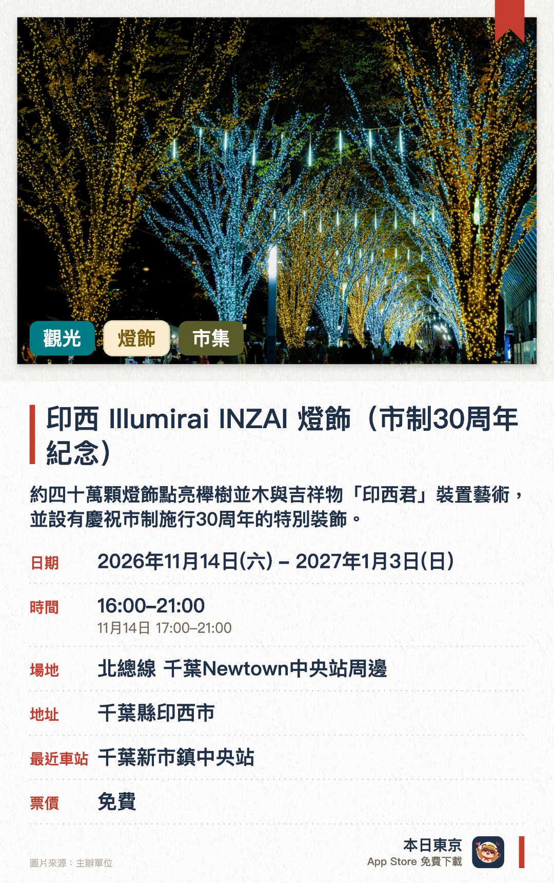 印西 Illumirai INZAI 燈飾（市制30周年紀念）。2026年11月14日–2027年1月3日 · 北總線 千葉Newtown中央站周邊。約四十萬顆燈飾點亮櫸樹並木與吉祥物「印西君」裝置藝術，並設有慶祝市制施行三十週年的特別裝飾。舉辦多場市集與美食節活動，讓訪客在璀璨燈海中品嚐美食並選購特色商品