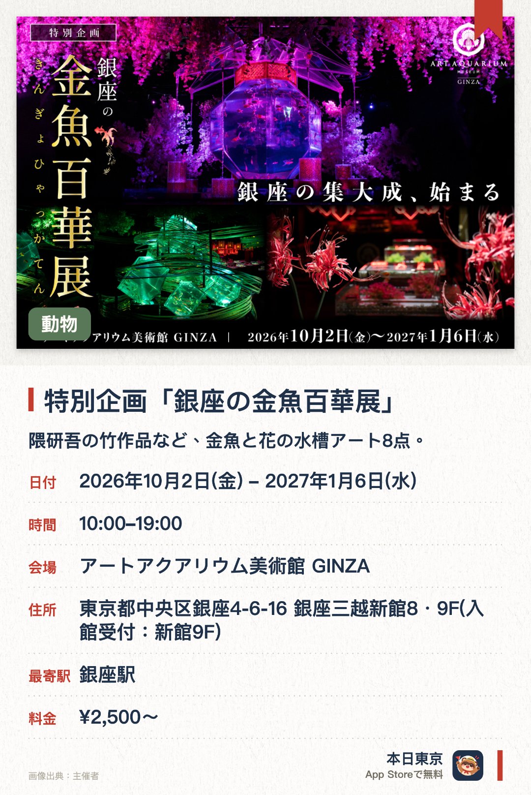 特別企画「銀座の金魚百華展」。2026年10月2日–2027年1月6日 · アートアクアリウム美術館 GINZA。隈研吾の竹作品など、金魚と花の水槽アート8点。。銀座で見られる最後の企画展。撮影自由だがフラッシュは不可。