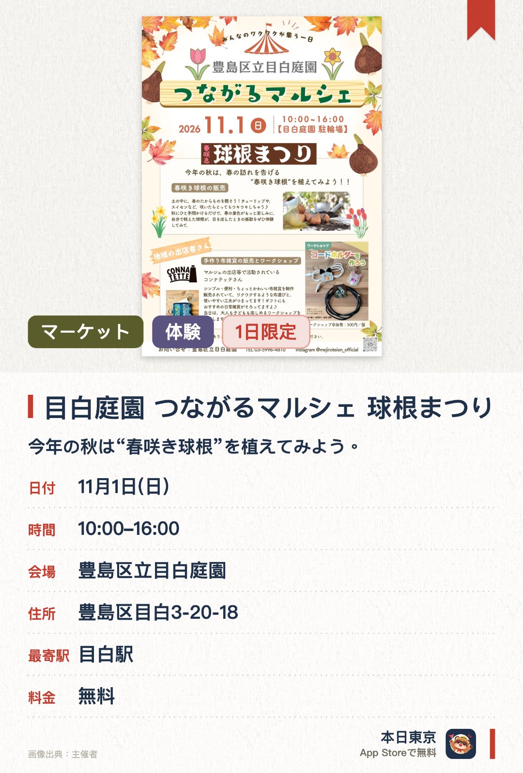 目白庭園　つながるマルシェ 球根まつり（11月）。11月1日 · 豊島区立目白庭園。今年の秋は“春咲き球根”を植えてみよう。地域の出店者コンナテッテさんの出店とワークショップを開催