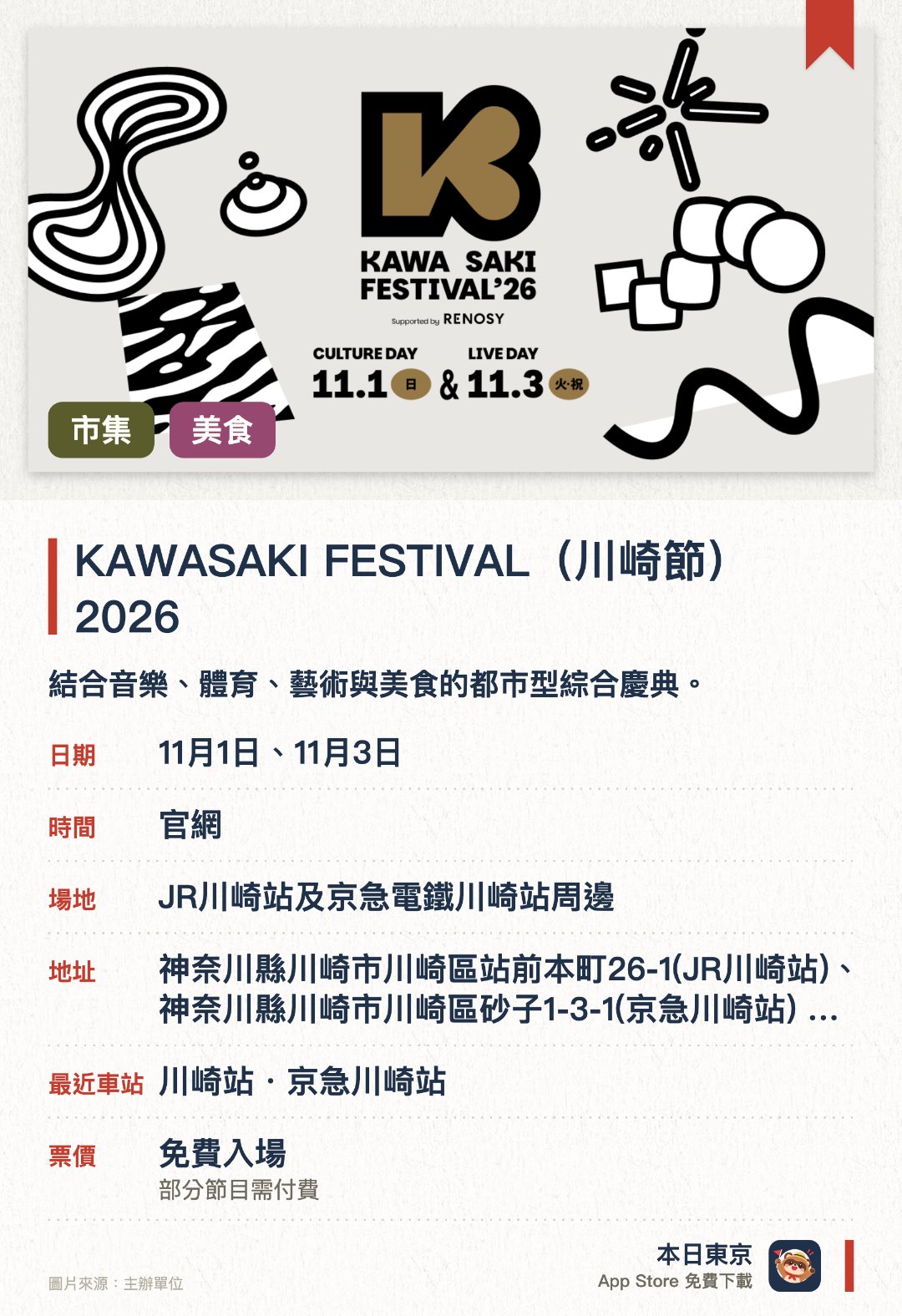 KAWASAKI FESTIVAL（川崎節） 2026。指定日子 · 下一場 11月1日 · JR川崎站及京急電鐵川崎站周邊。結合音樂、體育、藝術與美食的都市型綜合慶典。市役所通六線車道化為步行街並舉辦多項街頭活動。設置多個會場進行現場音樂演出及文化市集