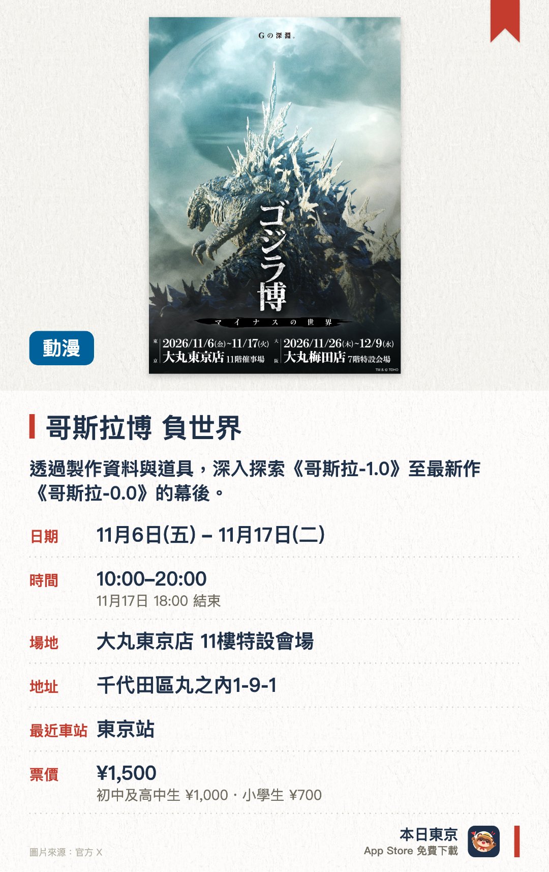 哥斯拉博 負世界。11月6日–11月17日 · 大丸東京店 11樓特設會場。透過製作資料與道具，深入探索《哥斯拉-1.0》至最新作《哥斯拉-0.0》的幕後。展出劇本、分鏡、設計圖等創作資料，回顧電影製作各階段的構想與熱情