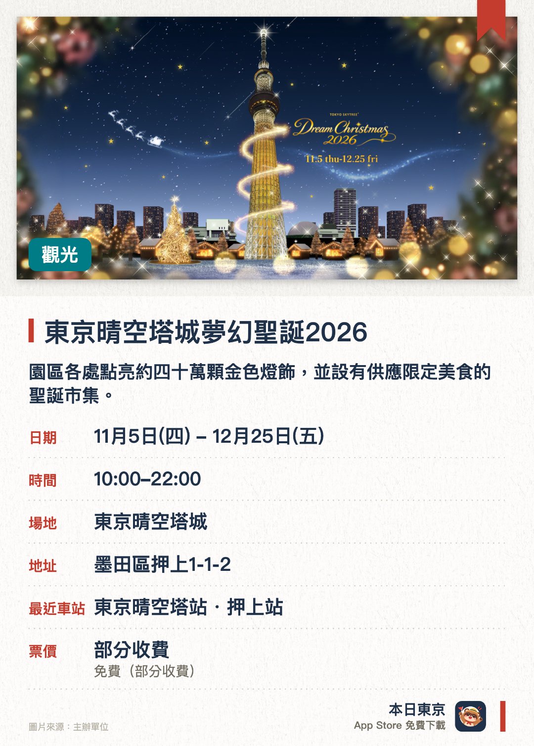 東京晴空塔城夢幻聖誕2026。11月5日–12月25日 · 東京晴空塔城。園區各處點亮約四十萬顆金色燈飾，並設有供應限定美食的聖誕市集。晴空塔展望台內推出聖誕限定裝飾、咖啡廳菜單及音樂現場表演