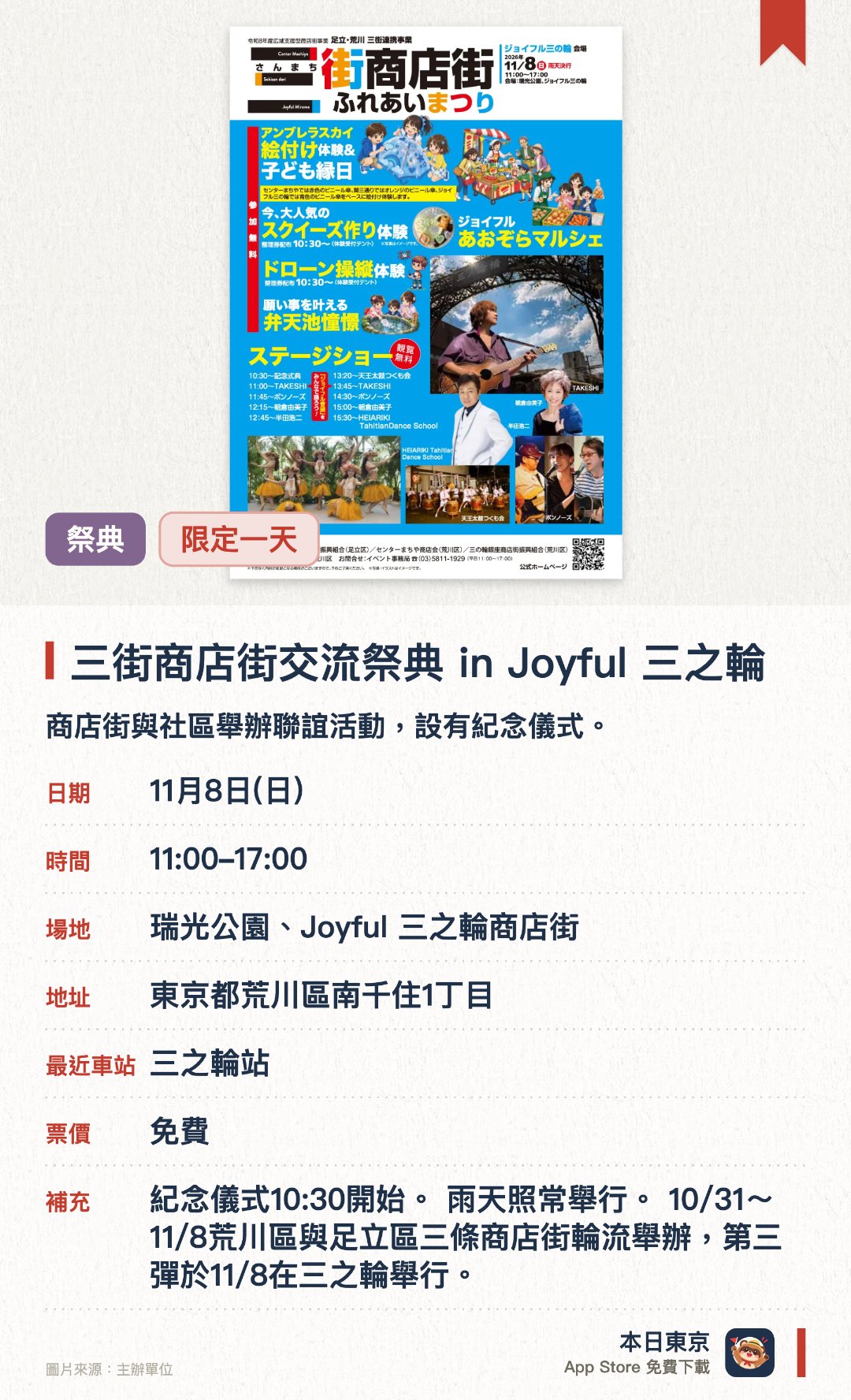 三街商店街交流祭典 in Joyful 三之輪。11月8日 · 瑞光公園、Joyful 三之輪商店街。商店街與社區舉辦聯誼活動，設有紀念儀式。。雨天照常進行。