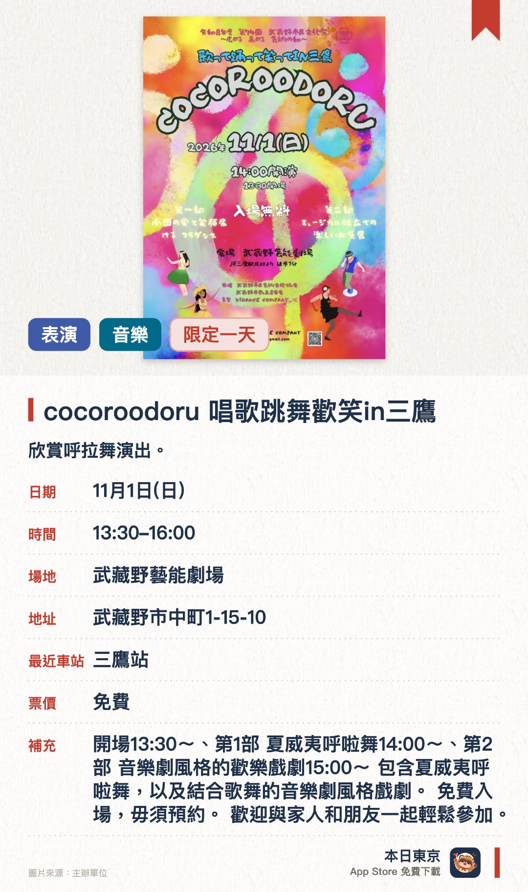 cocoroodoru　唱歌跳舞歡笑in三鷹。11月1日 · 武藏野藝能劇場。欣賞呼拉舞演出。欣賞歌唱及搞笑表演