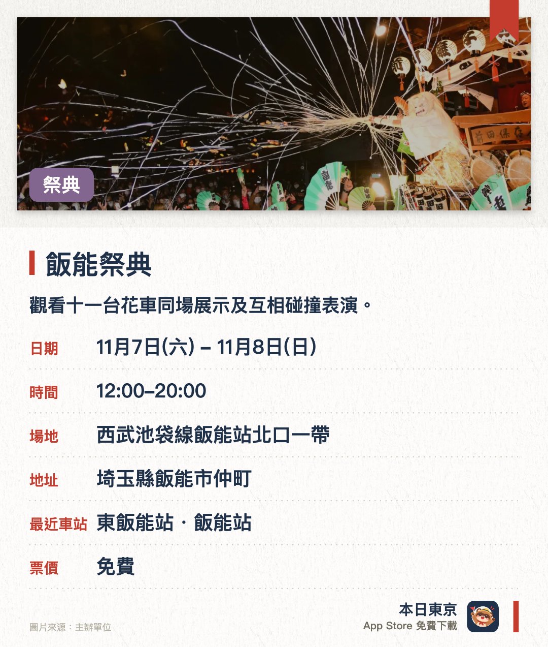飯能祭典。11月7日–11月8日 · 西武池袋線飯能站北口一帶。觀看十一台花車同場展示及互相碰撞表演。。花車全部聚集時間為下午2時20分至2時40分，拍照服務由各町內自行提供。