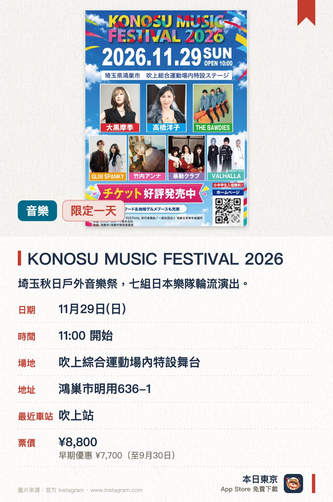 KONOSU MUSIC FESTIVAL 2026。11月29日 · 吹上綜合運動場內特設舞台。埼玉秋日戶外音樂祭，七組日本樂隊輪流演出。。11月下旬舉行，規模中等的地區音樂節。