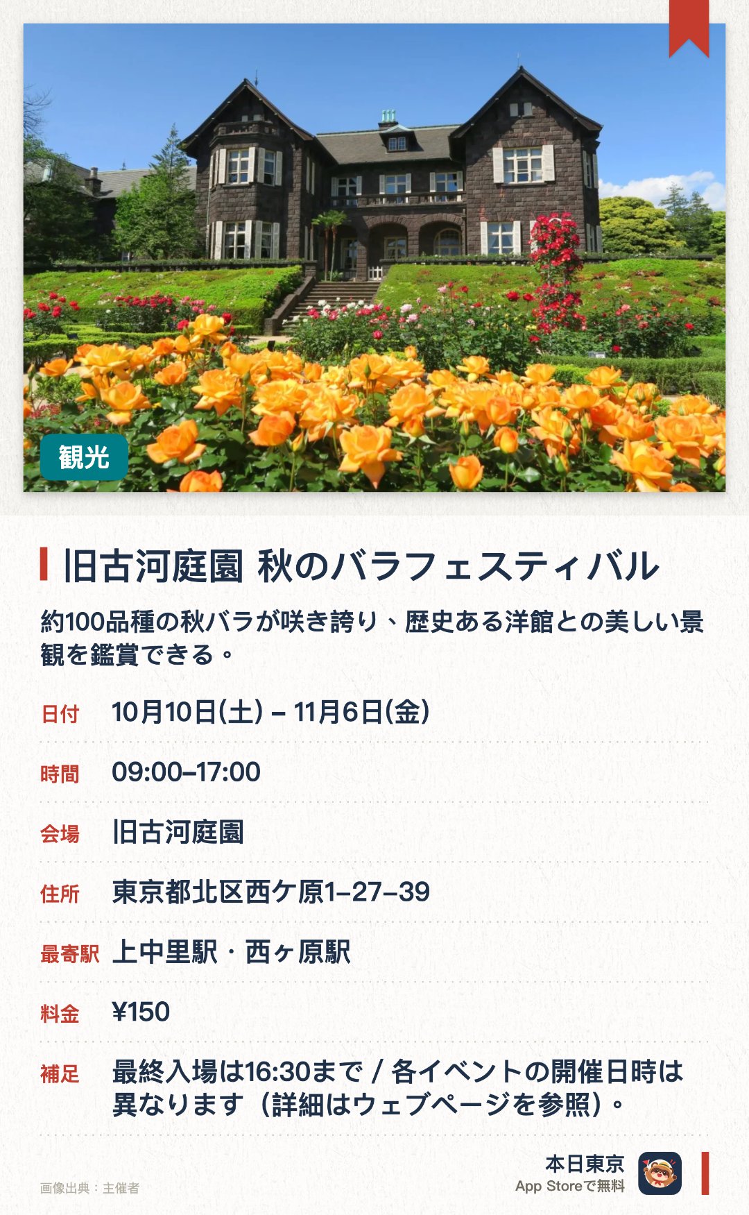 旧古河庭園　秋のバラフェスティバル。10月10日–11月6日 · 東京都　旧古河庭園。約100品種の秋バラが咲き誇り、歴史ある洋館との美しい景観を鑑賞できる。専門スタッフによる園内散策の解説や音楽会などの多彩な催しを楽しめる