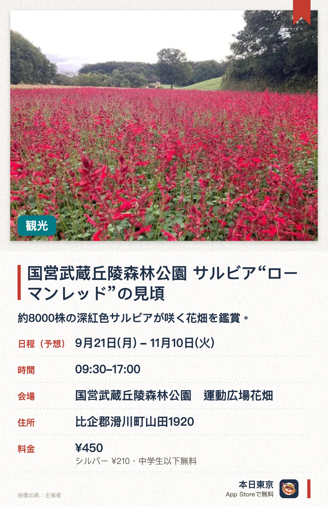 国営武蔵丘陵森林公園 サルビア“ローマンレッド”の見頃。9月21日–11月10日 · 国営武蔵丘陵森林公園　運動広場花畑。約8000株の深紅色サルビアが咲く花畑を鑑賞。。開花時期は気象に左右される；セージの香りが特徴。