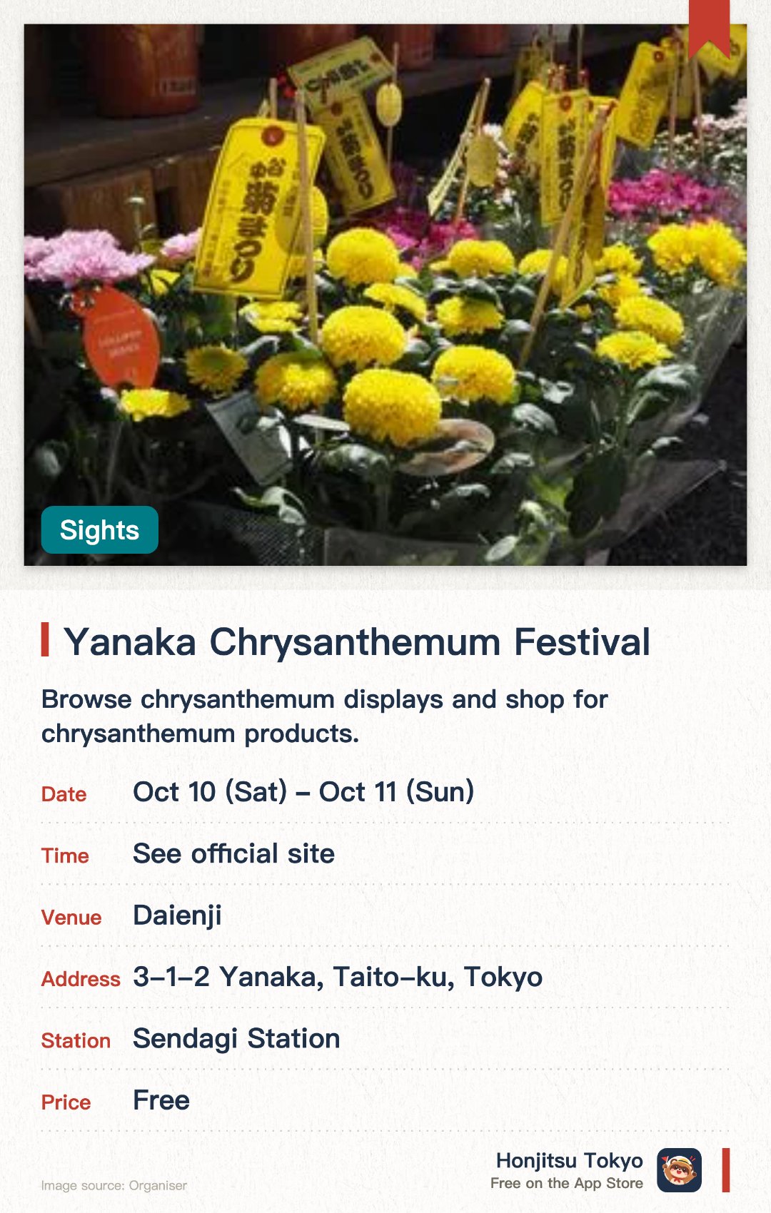 Yanaka Chrysanthemum Festival. 10 Oct–11 Oct · Daienji. Browse chrysanthemum displays and shop for chrysanthemum products.. Potted chrysanthemums, chrysanthemum-themed food, and traditional festival stalls available.