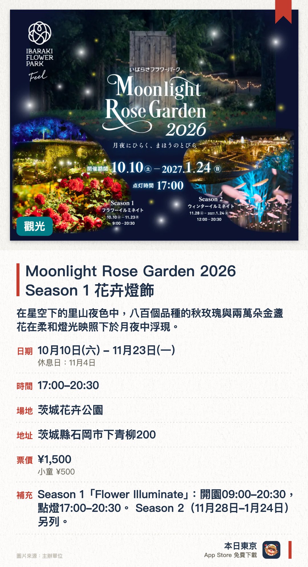 Moonlight Rose Garden 2026 Season 1 花卉燈飾。10月10日–11月23日 · 茨城花卉公園。在星空下的里山夜色中，八百個品種的秋玫瑰與兩萬朵金盞花在柔和燈光映照下於月夜中浮現。可跟隨搖曳的篝火與燈籠漫步夜間玫瑰園；亮燈時間 17:00–20:30