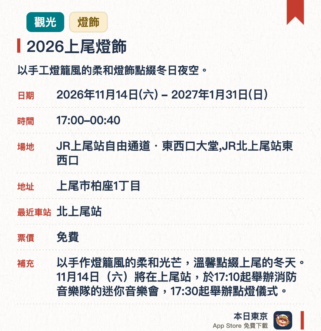 2026上尾燈飾。2026年11月14日–2027年1月31日 · JR上尾站自由通道・東西口大堂,JR北上尾站東西口。以手工燈籠風的柔和燈飾點綴冬日夜空。特設消防音樂隊迷你音樂會及點燈儀式