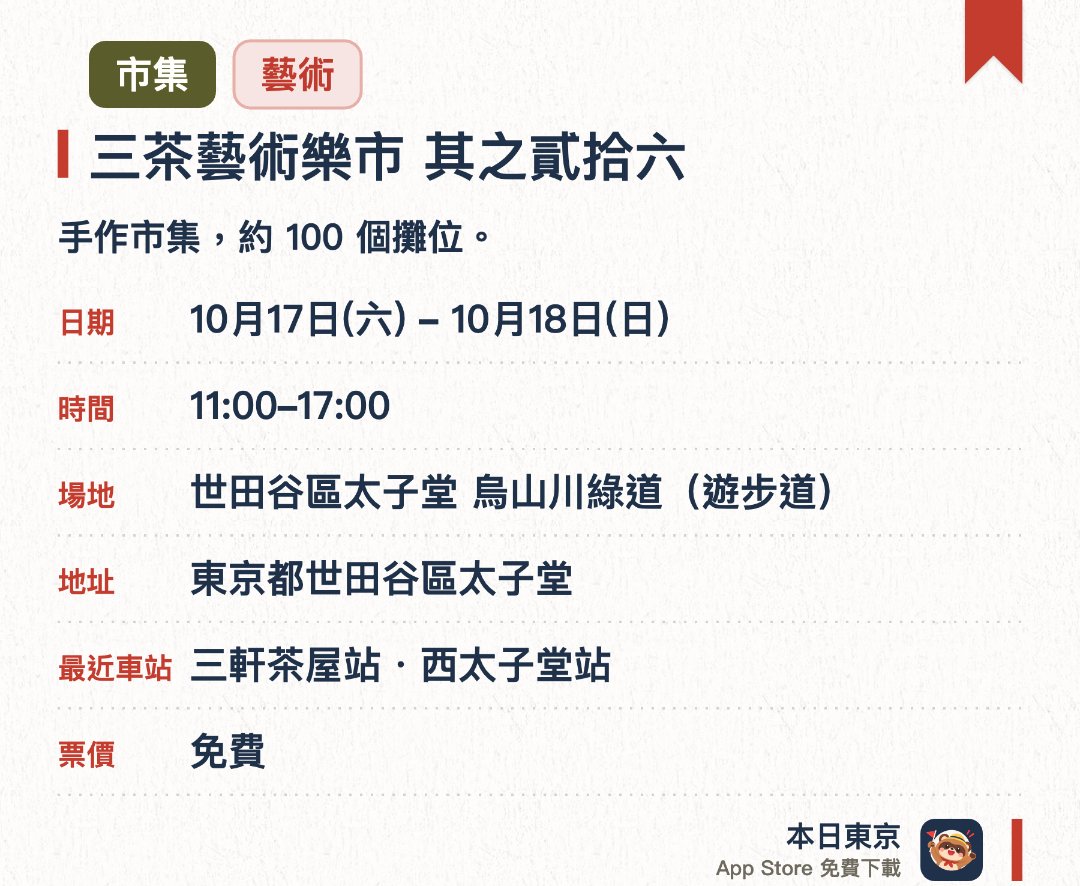 三茶藝術樂市 其之貳拾六。指定日子 · 下一場 10月17日 · 世田谷區太子堂 烏山川綠道(遊步道)。手作市集，約 100 個攤位