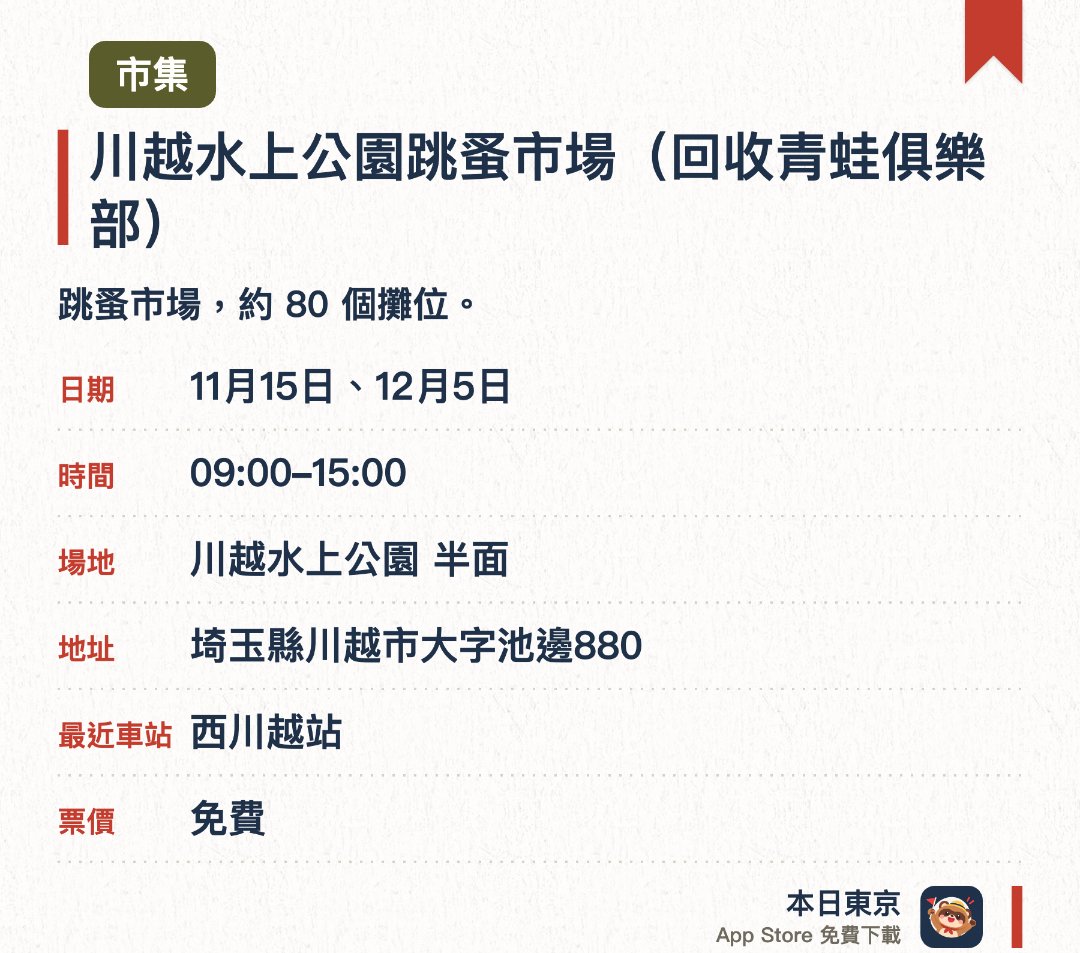 川越水上公園跳蚤市場（回收青蛙俱樂部）。指定日子 · 下一場 11月15日 · 川越水上公園 半面。跳蚤市場，約 80 個攤位