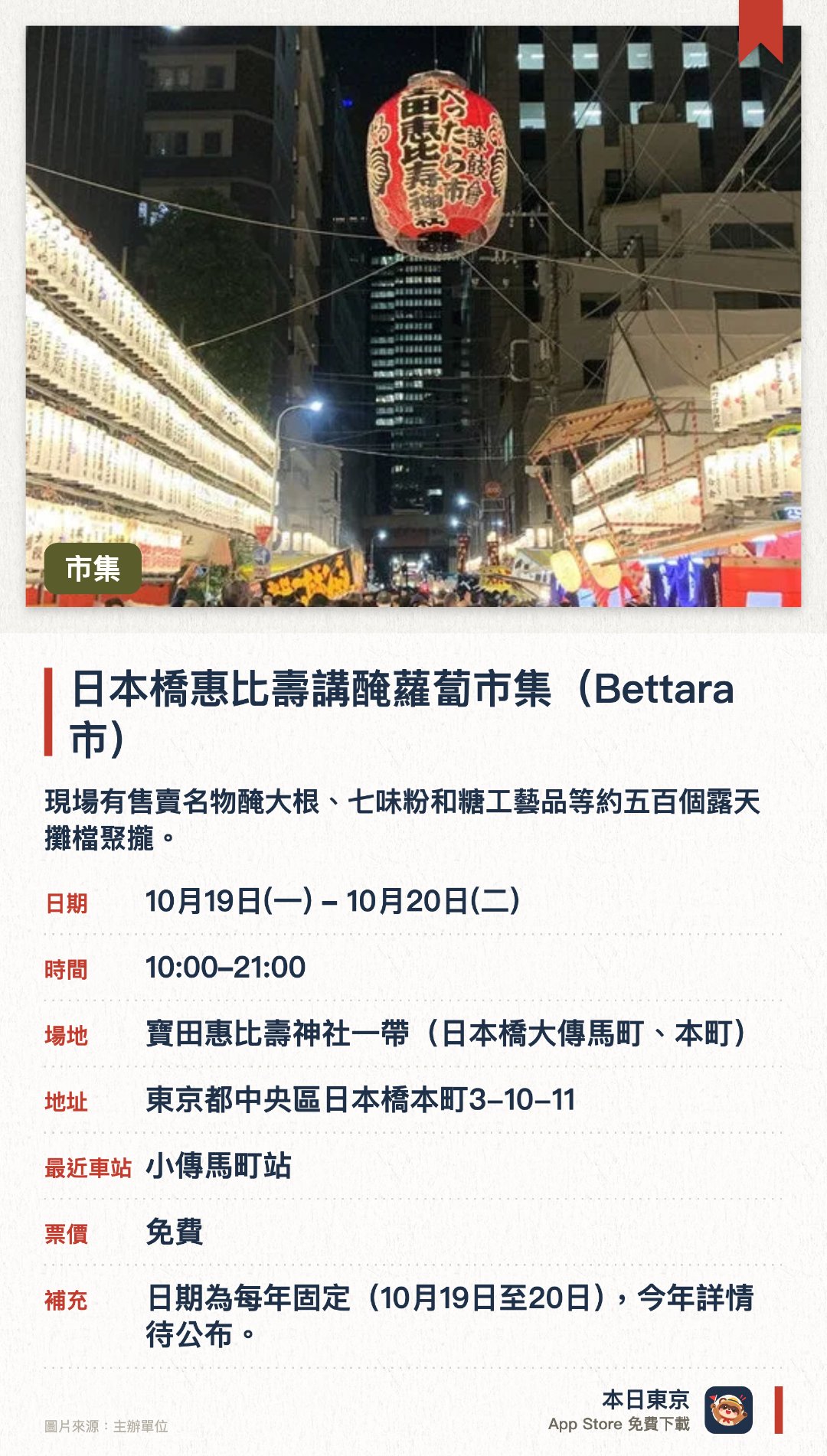 日本橋惠比壽講醃蘿蔔市集（Bettara 市）。指定日子 · 下一場 10月19日 · 寶田惠比壽神社一帶（日本橋大傳馬町、本町）。現場有售賣名物醃大根、七味粉和糖工藝品等約五百個露天攤檔聚攏。能夠感受江戶傳統文化與濃厚人情味，體驗日本橋秋祭的熱鬧氣氛