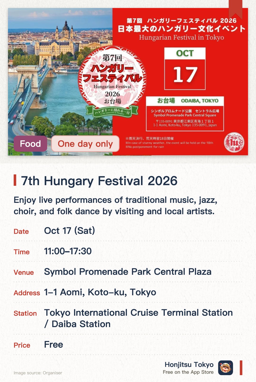7th Hungary Festival 2026. 17 Oct · Symbol Promenade Park Central Plaza. Enjoy live performances of traditional music, jazz, choir, and folk dance by visiting and local artists. Savor authentic Hungarian cuisine from food trucks and explore cultural booths and workshops