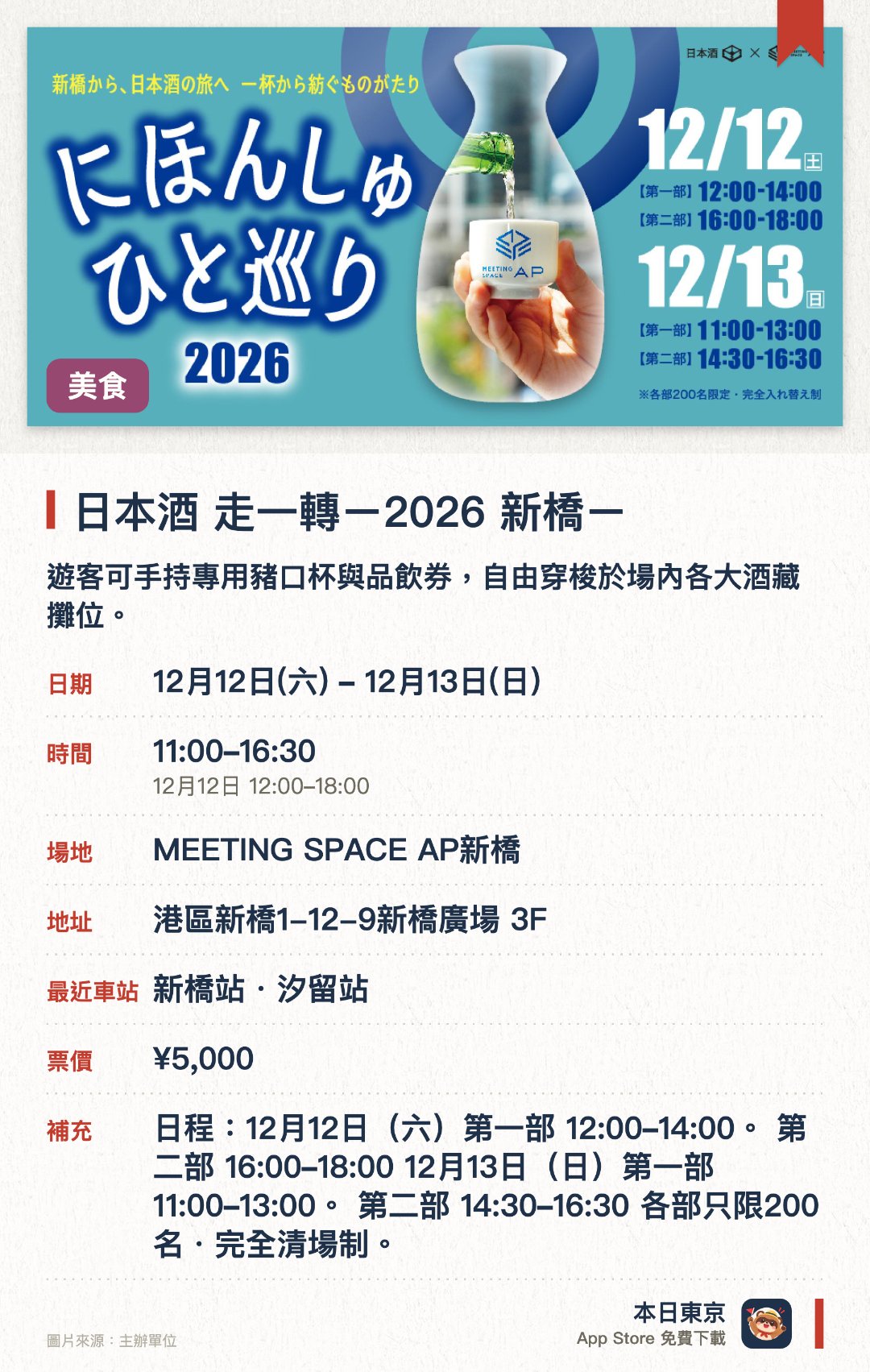 日本酒 走一轉ー2026 新橋ー。指定日子 · 下一場 12月12日 · MEETING SPACE AP新橋。遊客可手持專用豬口杯與品飲券，自由穿梭於場內各大酒藏攤位。現場集結眾多日本酒品牌，讓品酒客盡情探索與比較不同銘柄的風味