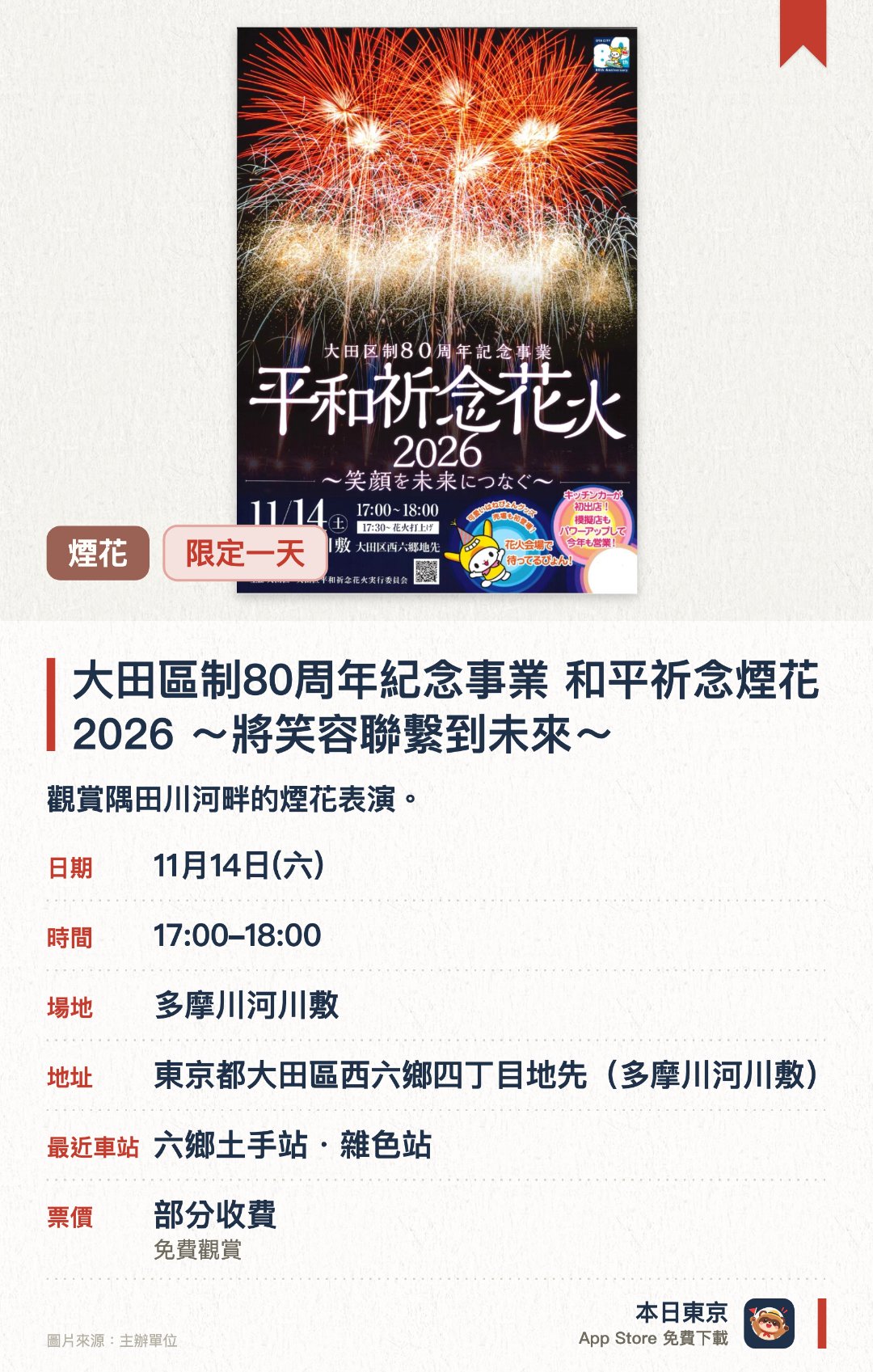 大田區制80周年紀念事業 和平祈念煙花2026 ～將笑容聯繫到未來～。11月14日 · 多摩川河川敷。觀賞隅田川河畔的煙花表演。。只限大田區側河川敷觀看；禁止無人機；自備雨具及保暖衣物。