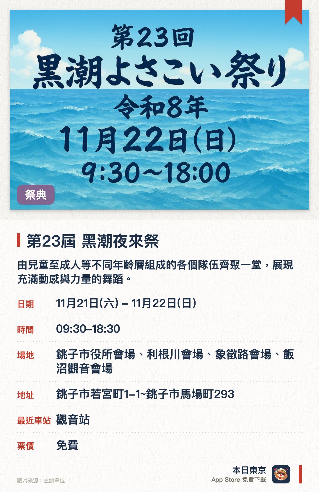 第23屆 黑潮夜來祭。指定日子 · 下一場 11月21日 · 銚子市役所會場、利根川會場、象徵路會場、飯沼觀音會場。由兒童至成人等不同年齡層組成的各個隊伍齊聚一堂，展現充滿動感與力量的舞蹈。各參賽隊伍穿著獨特服飾，帶來風格各異且充滿個性的精彩演出