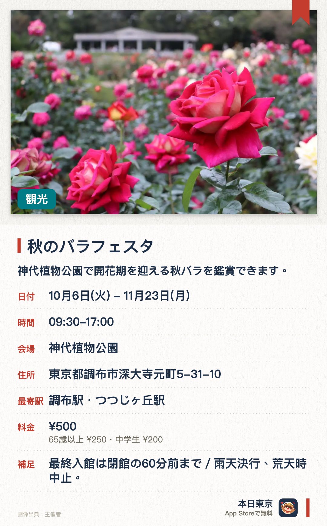 秋のバラフェスタ。10月6日–11月23日 · 神代植物公園。神代植物公園で開花期を迎える秋バラを鑑賞できます