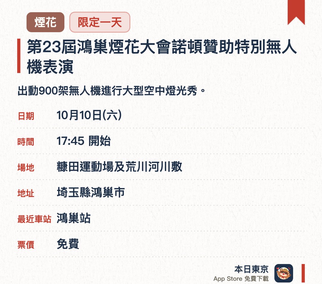第23屆鴻巢煙花大會諾頓贊助特別無人機表演。10月10日 · 糠田運動場及荒川河川敷。出動900架無人機進行大型空中燈光秀。作為「鴻巢花火大會」的特別企劃演出